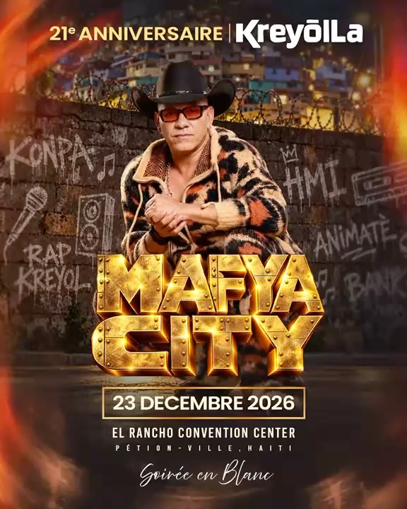Affiche officielle « Mafya City » — 21e anniversaire de Kreyol La, le 23 décembre 2026 à El Rancho